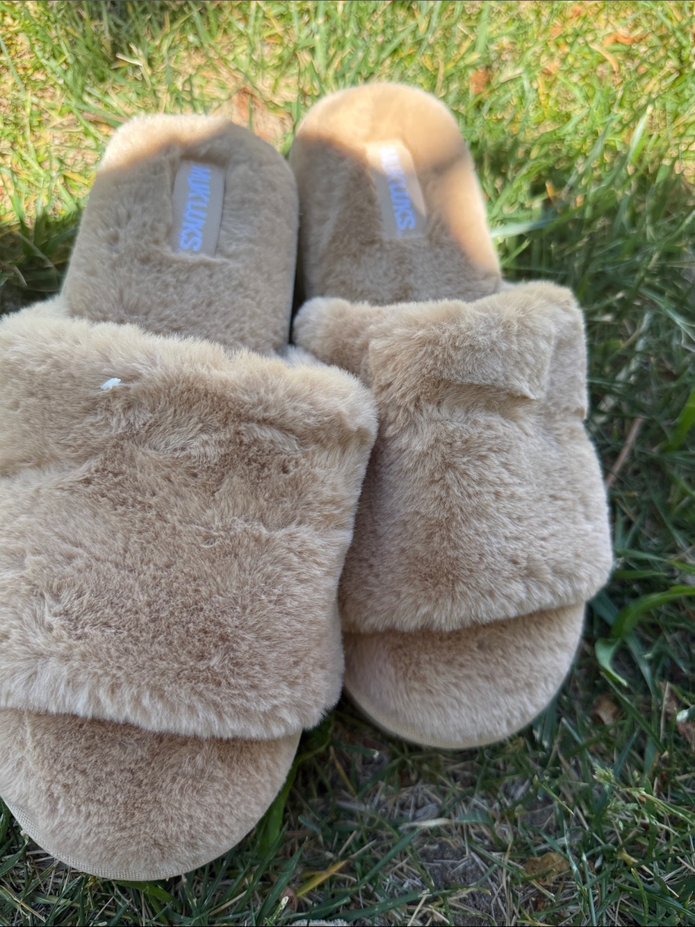 Muk Luks Plush Slide Slippers in Tan